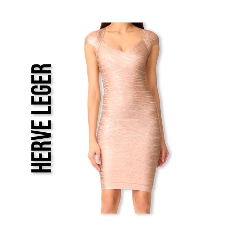 Herve Leger—Tejana V-Neck Dress, Rose Gold